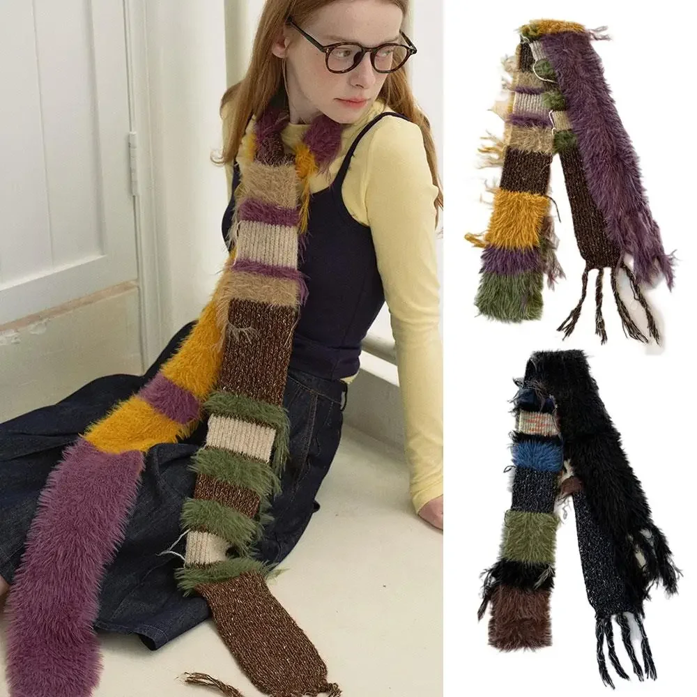 

Soft Furry Long Strip Scarf Woolen Knitting Decorative Neck Warmer Multi-material Color Blocking Stripe Knit Striped Punk Scarf