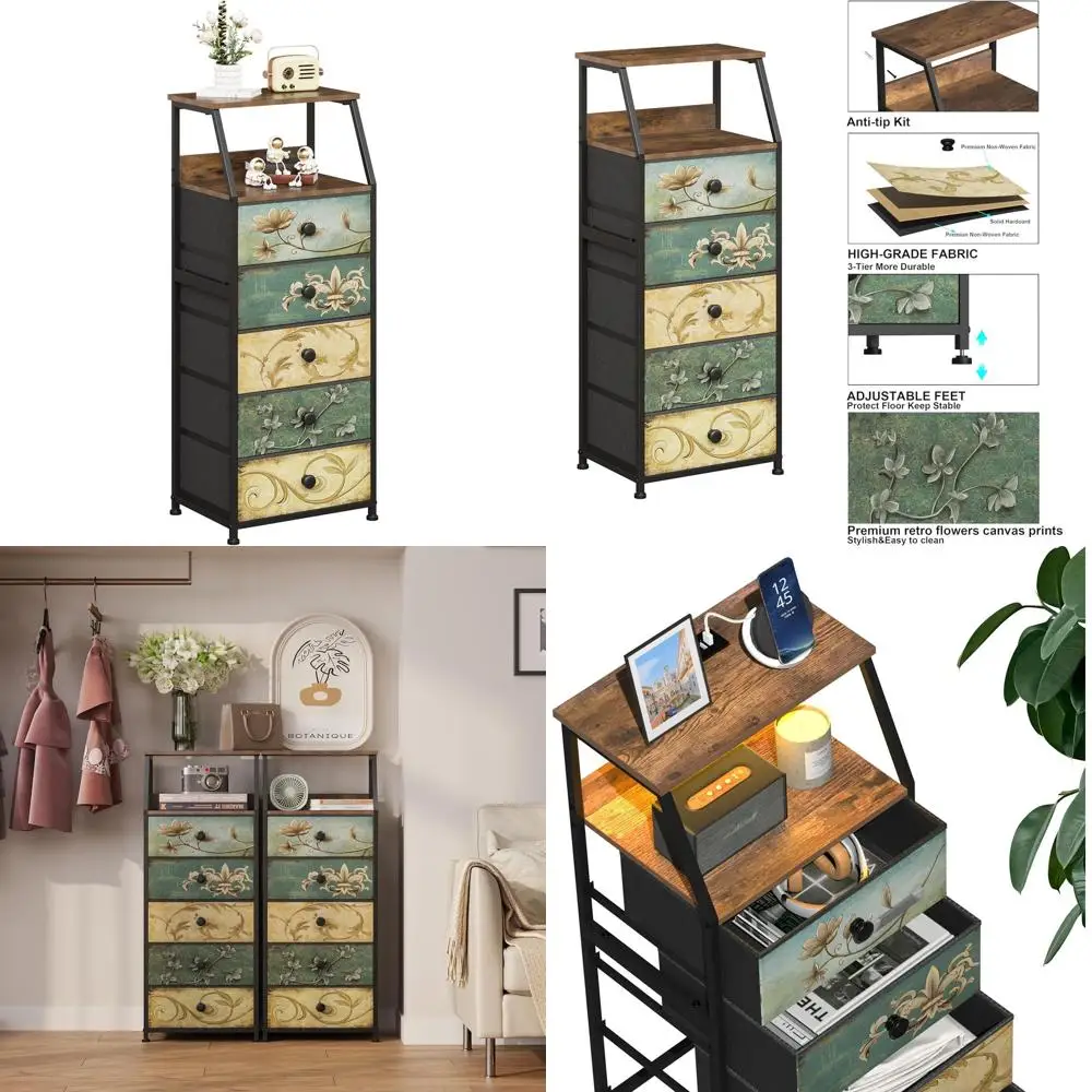 

Fabric-Drawer Nightstand with 2-Tier Shelf Storage for Bedroom, Hallway, and Entryway Furniture (Multicolor, 5 Drawers)