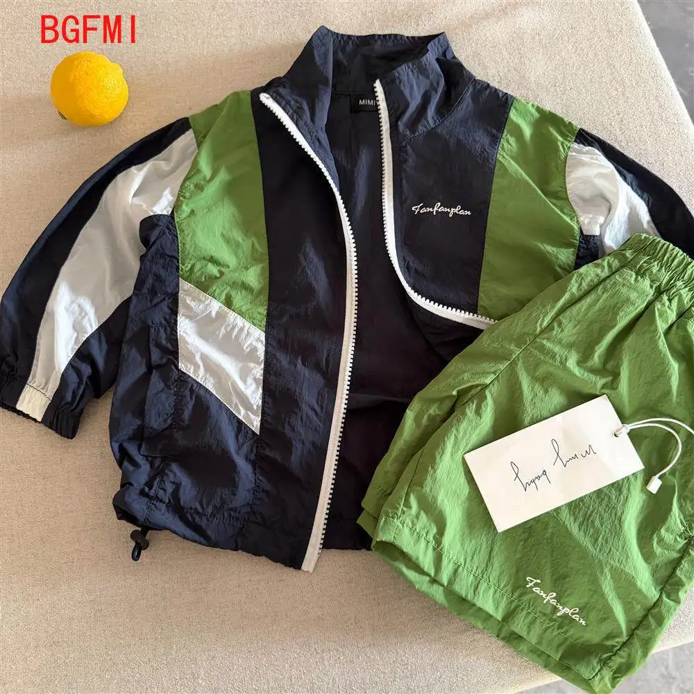 

Children's Set 2026 Summer Boys Girls Color blocked Sunscreen Coat+Baby and Children's Sports and Leisure Quick drying Shorts
