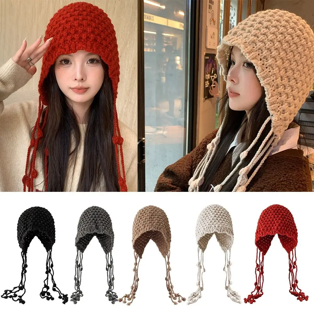 

Sweet Handmade Knitted Hat Wool Tassel Ear Protection Hat Windproof Warm Pullover Hat Women