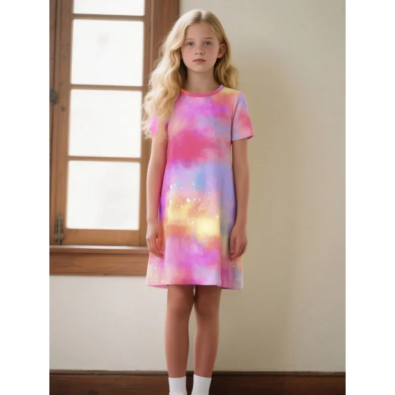 

2025 Girl Dream Rainbow Starry Sky Girl Cute Dress, Fashion Casual Vitality Colorful Short Sleeve Dress