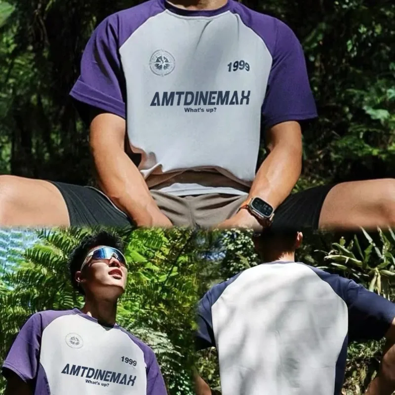 American Contrasting Raglan Sleeves T-shirt Men Patchwork Short Sleeved Training Jersey Summer Sports Round Neck Running Fitness