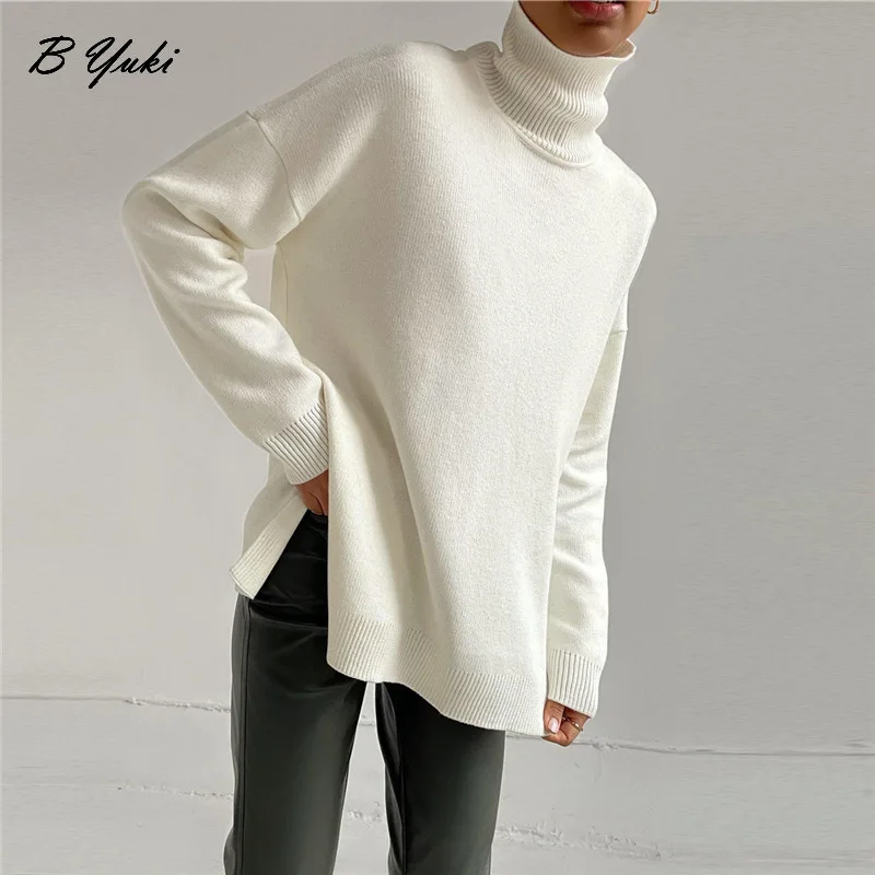 Blessyuki Oversized Cashmere Split Knitted Sweater Women  2023 Winter Basic Thicken Warm Turtleneck Pullover Female Soft Jumper