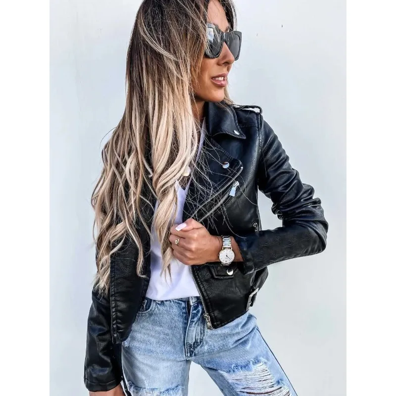 

New Women's Comfortable Casual British Style Long Sleeve Coat PU Leather Short Zipper Motorcycle Style Jacket Autumn Winter Top