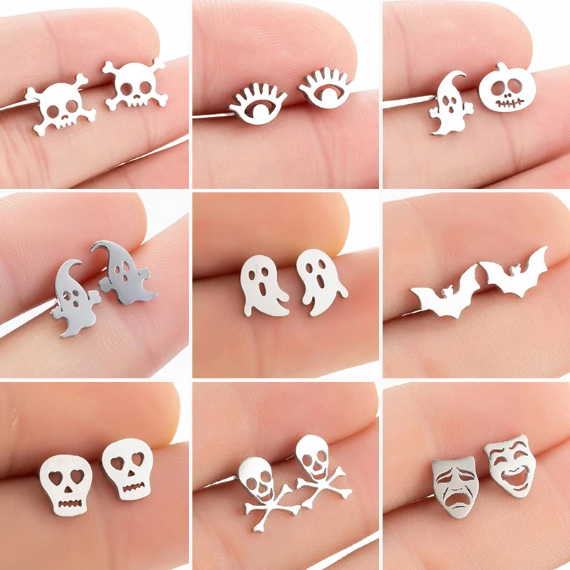 Punk Ghost Pumpkin Earrings for Women Men Stainless Steel Ear Studs Halloween Jewelry Eyes Skull Earrings Thanksgiving Gift