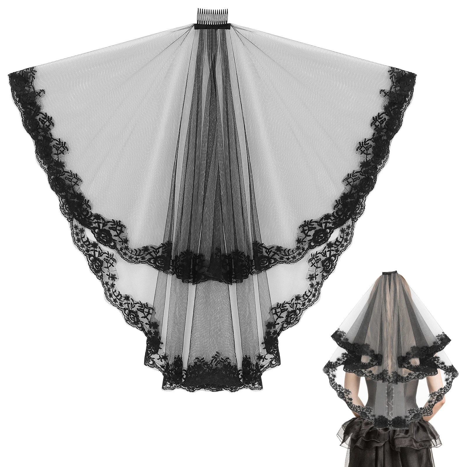 

Black Lace Wedding Veil Tulle Bridal Headpiece Halloween Bride Accessory For Engagement Bridal Shower Party Decoration