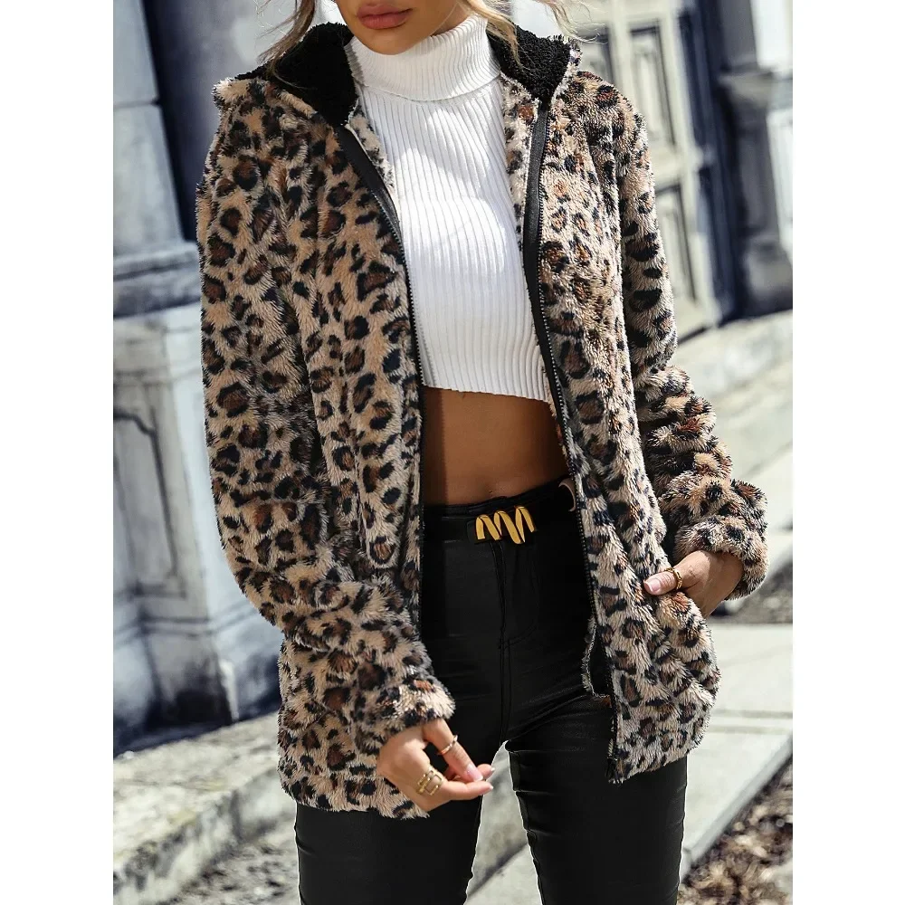 Autumn and Winter New Women's Fashionable Hooded Long Sleeved Leopard Print Medium Length Double-sided Plush Loose Casual Coat