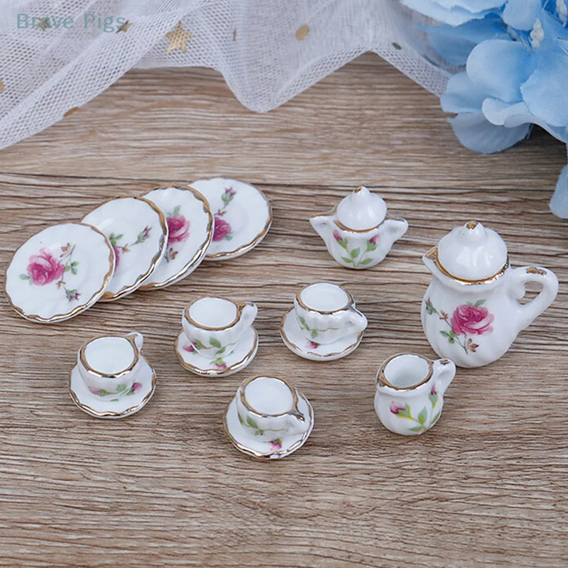 15Pcs 1:12 Dollhouse Miniature Tableware Porcelain Ceramic Tea Cups Set Toys