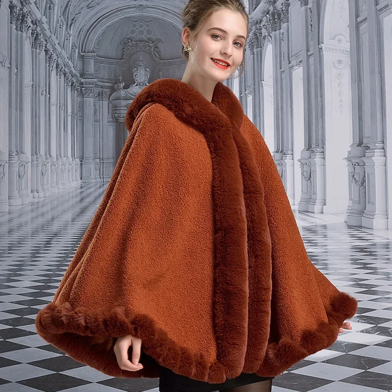 Manteau Poncho avec Chapeau pour Femme, Col en Fourrure de Lapin, Grand Pendule, Outstreet, Chaud, Velours Granulaire, Châle Épais, Hiver