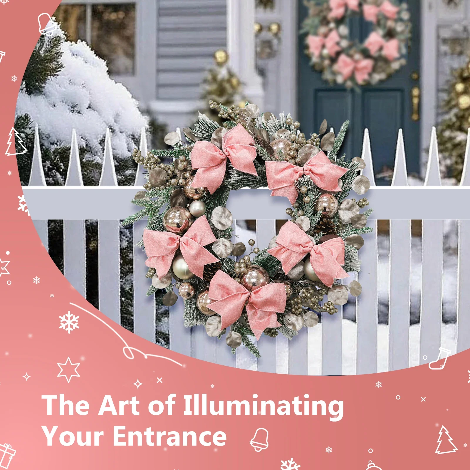 

24-дюймовый уличный рождественский венок, небьющийся, розовый бант и шарик, декор, готовый к праздникам