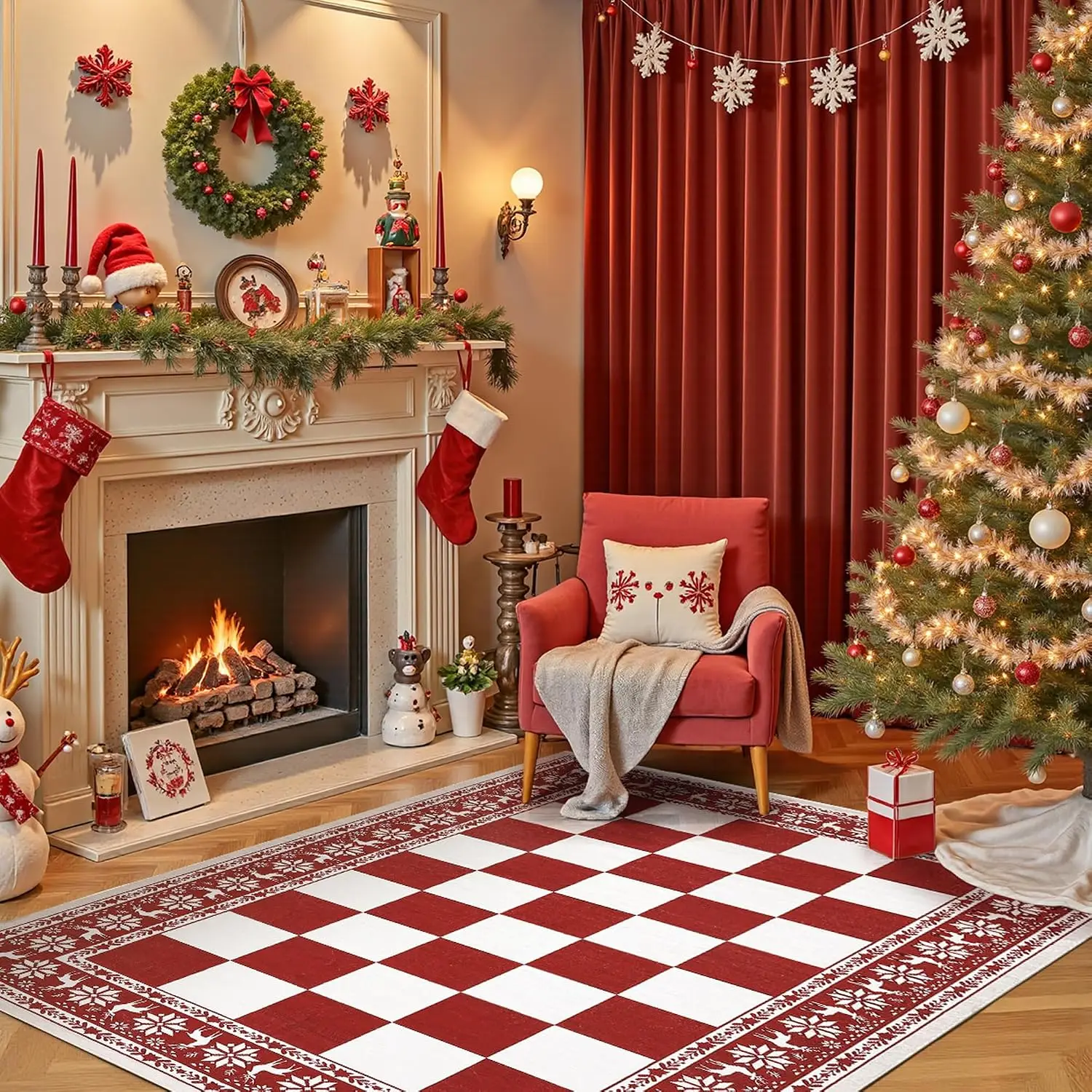 Garvee 5x7ft Area Rugs for Living Room, Checkered Christmas Rugs for Holiday Decor Non Slip Low Pile Washable Carpert for Dining Room, Bedroom Xmas Decor