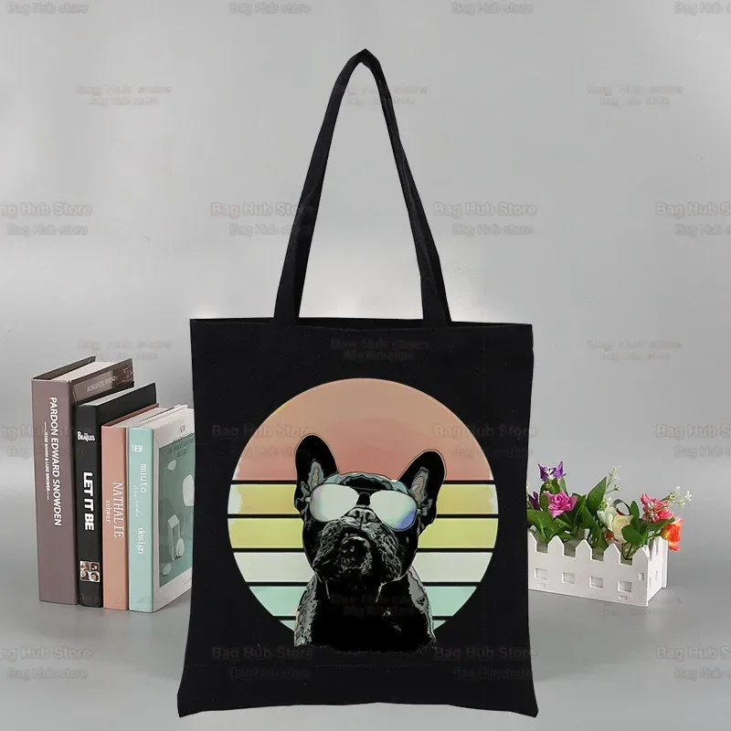 French Bulldog Graphic Harajuku Fashion Shopping Kawaii Dog Lover Black Bags Canvas Tote Bag Cloth Bag Handbag Shoulder Bags