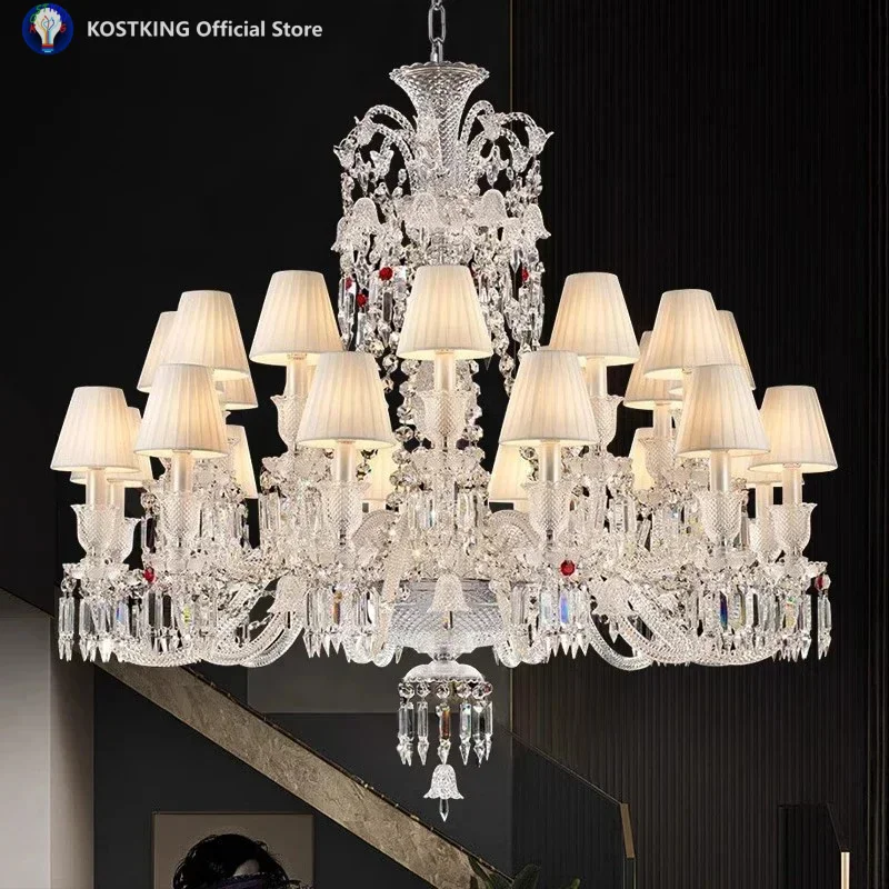 

European Designer Luxury Villa Living Room K9 Crystal Chandelier Hotel Lobby Lead Containing Bend Pipe Fabric Pendant Light