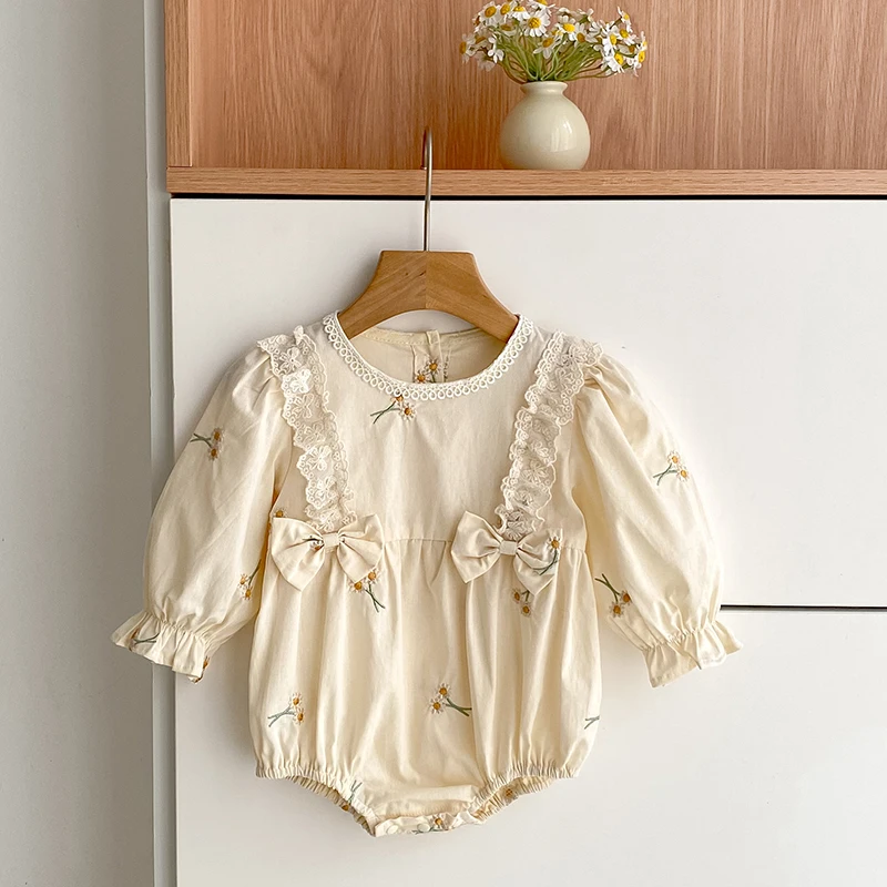 الخريف الوليد الطفل بنات بذلة طويلة الأكمام القطن زهرة التطريز طفل رضيع فتاة داخلية طفل الفتيات الملابس مقوس دانتيل