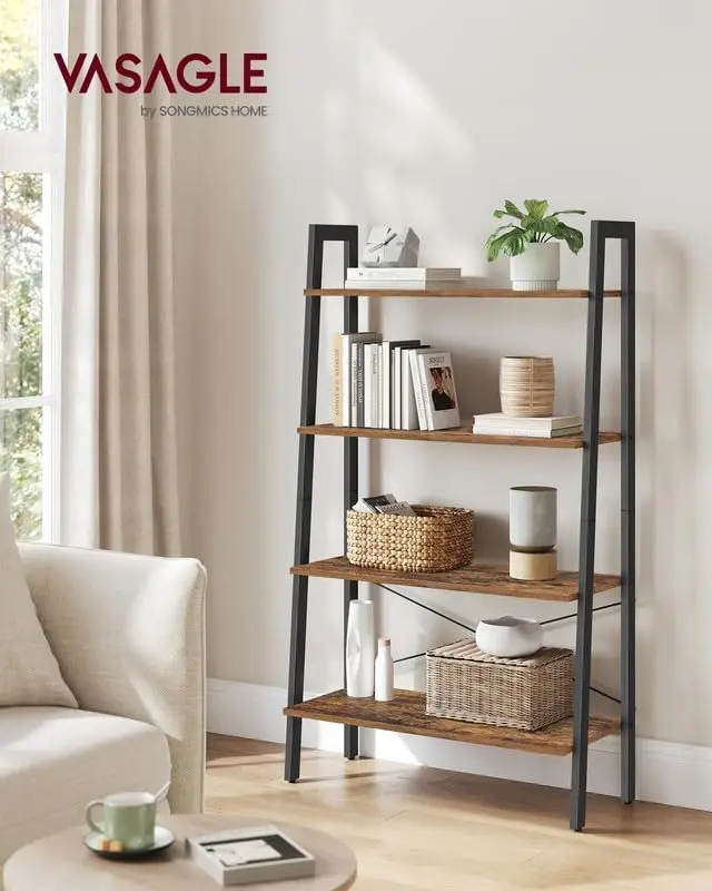 Ladder Shelf, 4-Tier Bookshelf, Storage Rack, Bookcase with Steel Frame, for Living Room, Home Office, Kitchen, Bedroom