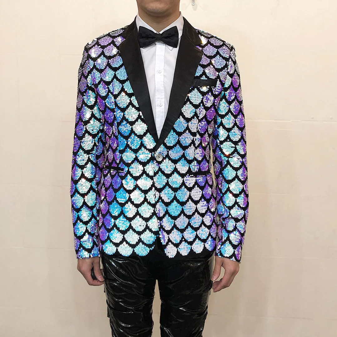 Men's Singer Host Glitter Sequins Suit Jacket Pink Purple Blue Gold Lace Velvet Formal Slim Fit Coat Wedding Party Blazer Tuxedo