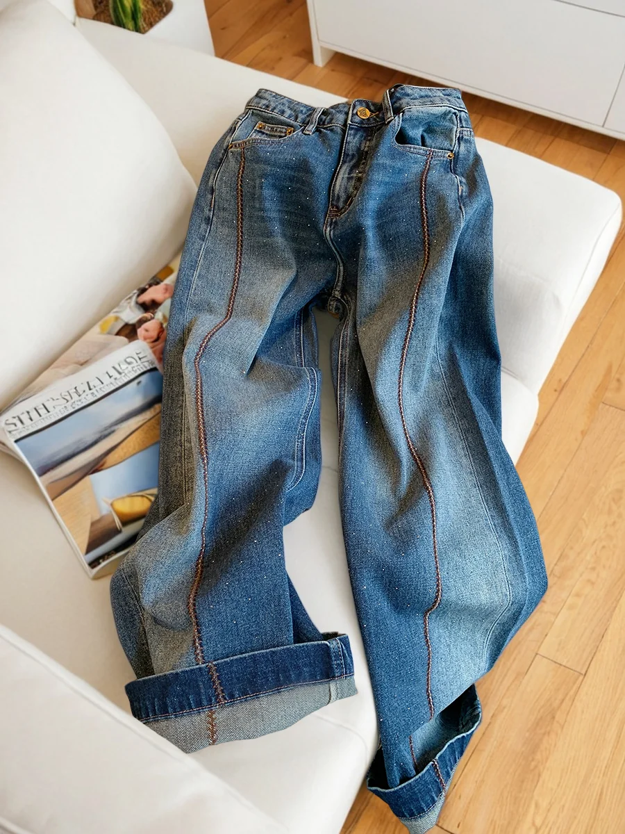 Męskie luźne jeansy w stylu retro American Heavy Du, zdobione dżetami, niebieskie, z wysokim stanem, dopasowane, proste nogawki, casualowe spodnie dżinsowe.