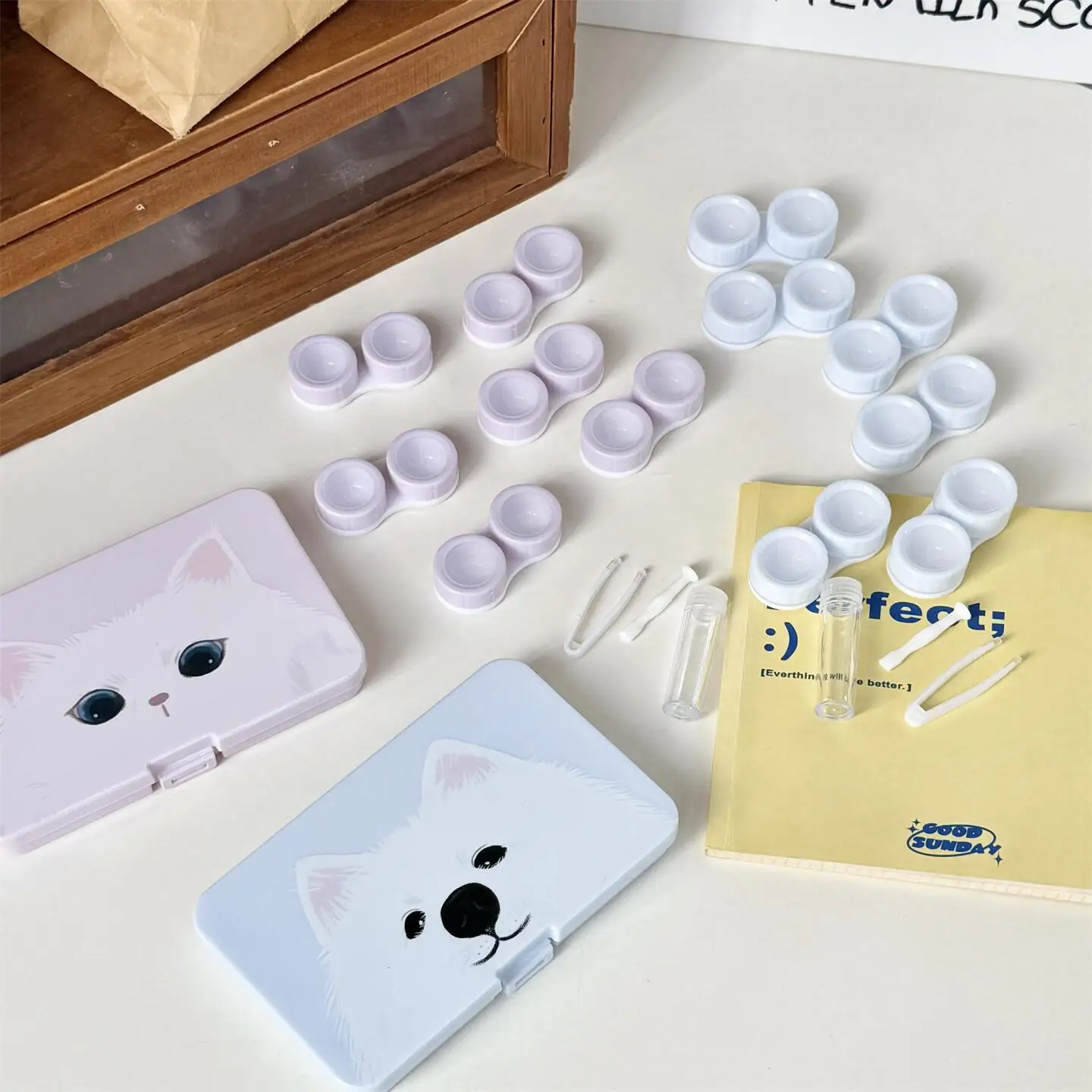 Kawaii Cat 6-in-1 Contact Lens Case with Mirror and Tweezer Portable Travel Beauty Pupil Eye Lens Storage Box Makeup Accessories