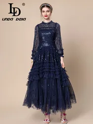 LD LINDA DELLA New Style Fashion Designer multi-color Dress Women's Extra large Sequins Cascading Ruffle Lace Splice Long Dress