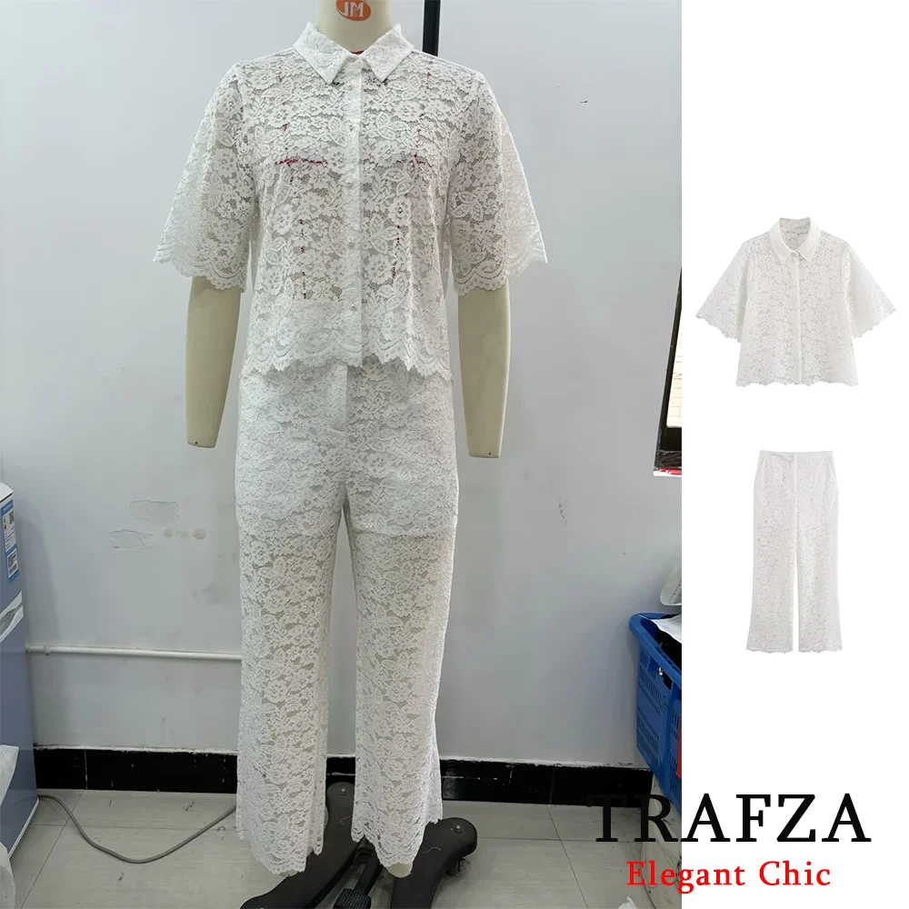 TRAFZA Casual Basic Shirt Suit Women\'s Cutout Lace Short Shirt+ Lace Ankle Pants Fashion 2024 Summer Homeswear Simple Blouse Set