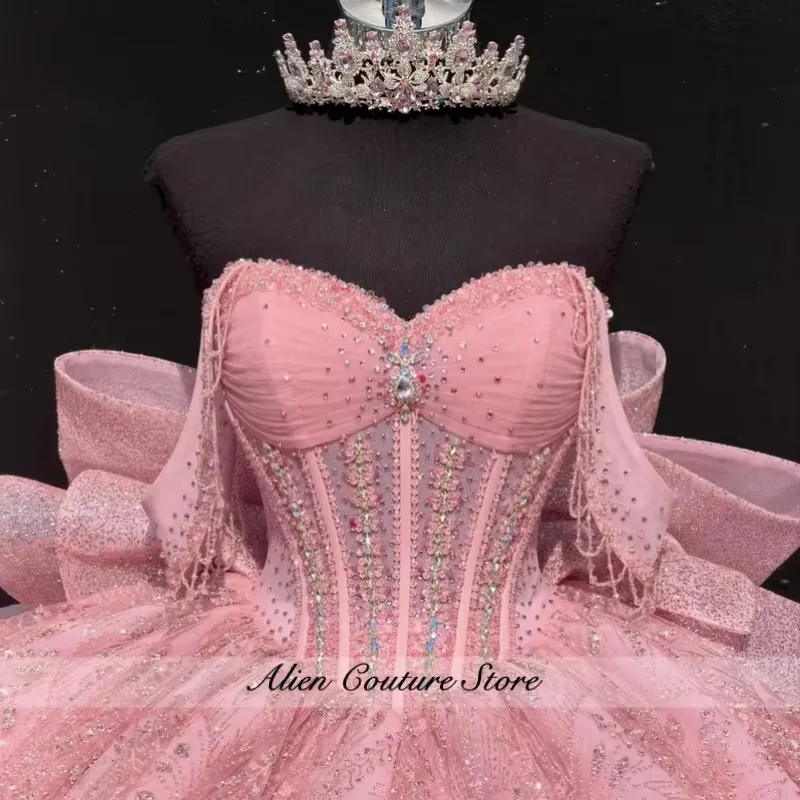 Shiny Pink Ball Gown Quinceanera Dresses Beading Crystal Diamonds Bow Corset Off Shoulder Sweet 16 Dress Customized image 3