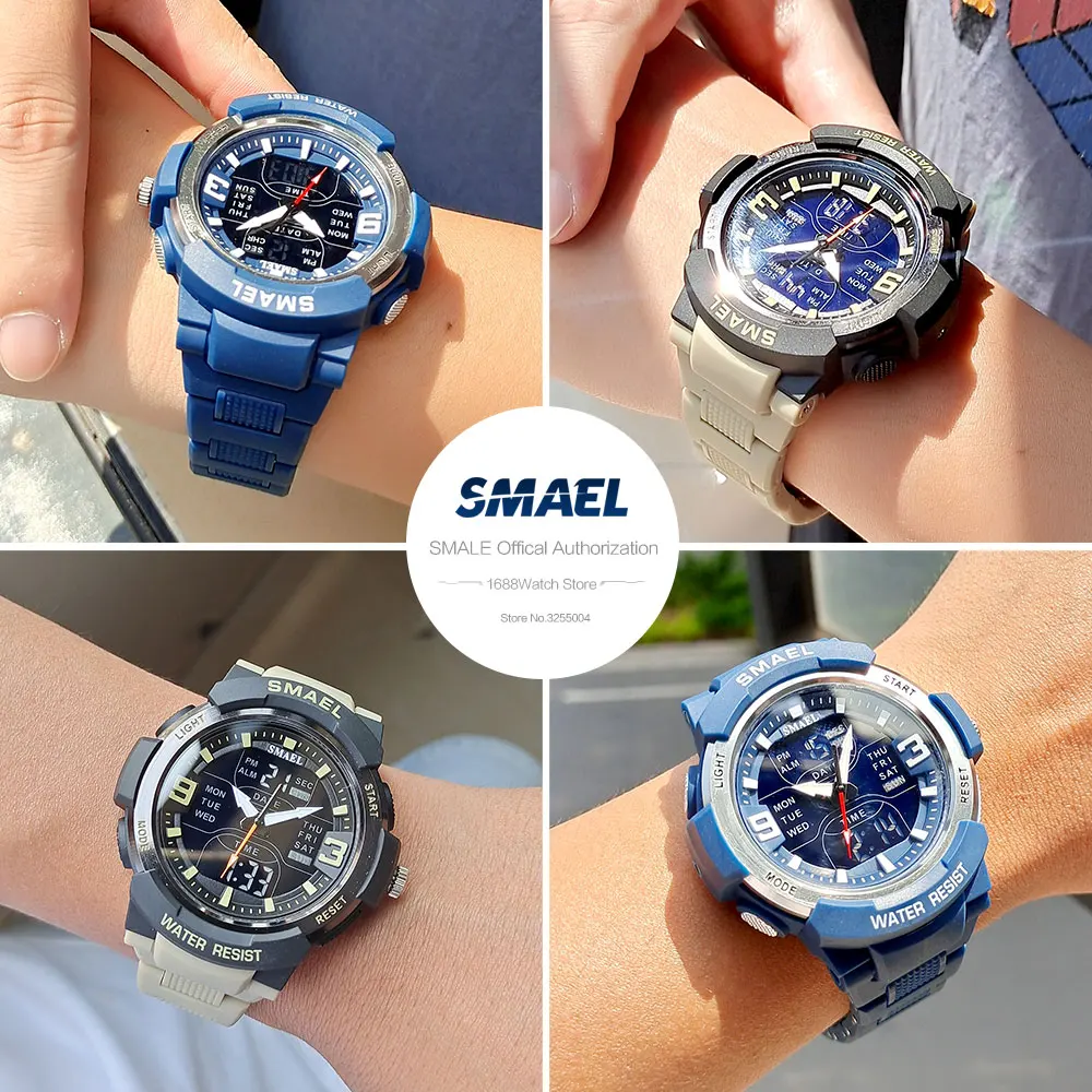 SMAEL Electronic Digital Watch for Men Fashion Chronograph Waterproof Quartz Wristwatch with Blue Rubber Strap Date Week 1912