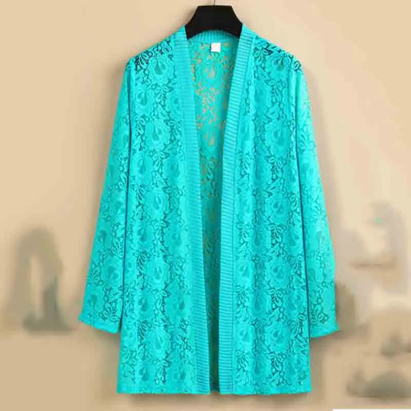 Cárdigan de encaje de longitud media para mujer, abrigo fino informal, ropa exterior, Color sólido, protector solar, primavera y verano, 2022