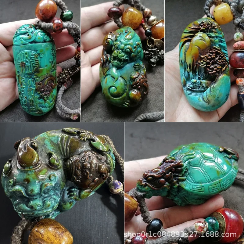 

Stone Pulp Five Emperors Copper Coins Accessories Turquoise Carving Dragon Turtle Hand Pieces Landscape Dragon Hand-Held Pieces