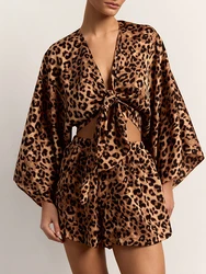 Marthaqiqi Leopard Print Women Sleepwear Set Long Sleeve Pyjama Sexy V-Neck Pajama Tank Tops Nightie Shorts Femme Nightwear Suit