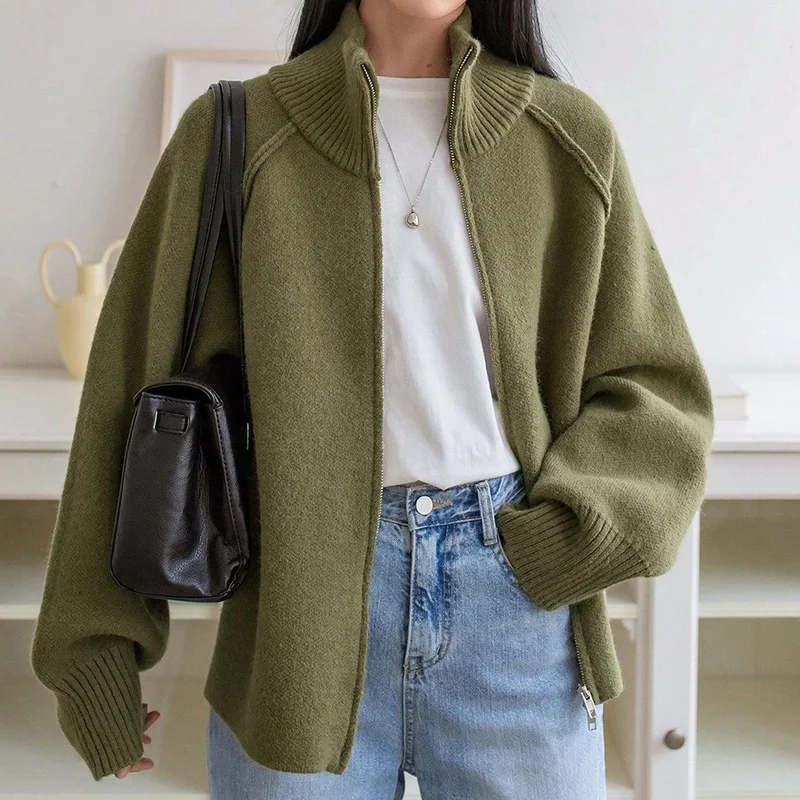 

Fashion Cardigan Sweater Women 2025 New Autumn Casual Korean Solid Stand Collar Zipper Knitted Cardigans Lazy Comfortable Coats