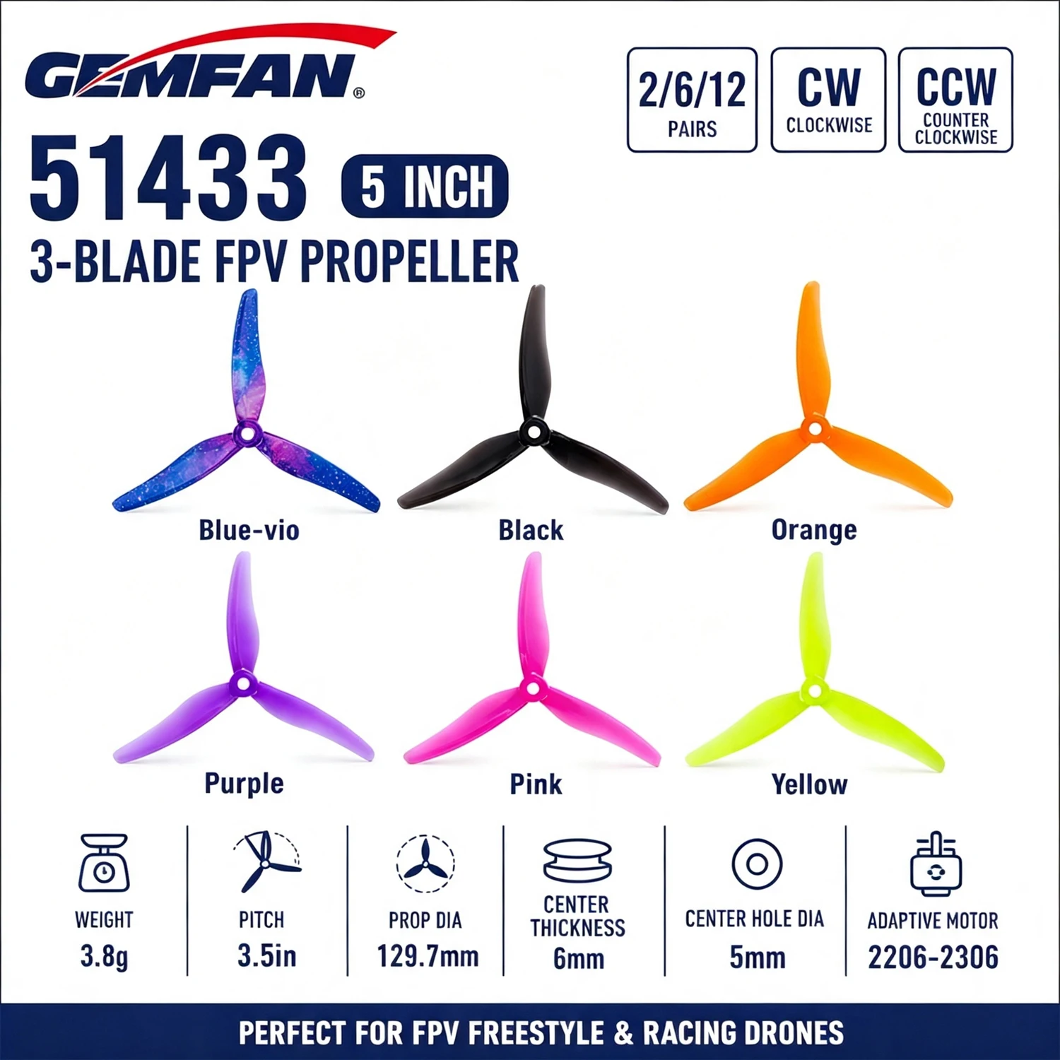 2/6/12Pairs Gemfan 51433 5inch 3-Blade FPV Propeller Props CW CCW for RC FPV Freestyle Racing Drone DIY Upgrade Accessories
