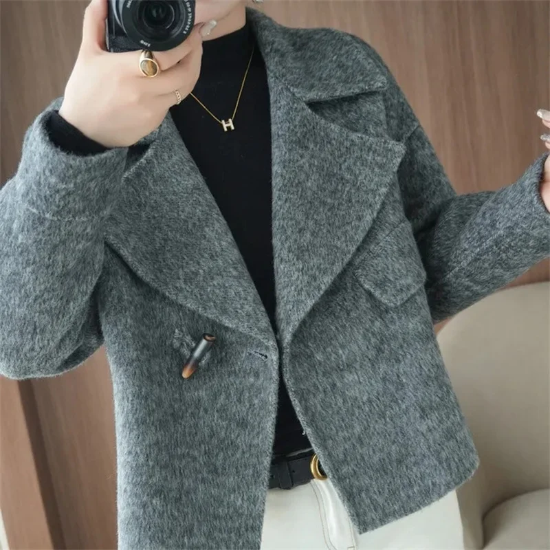 

2025 Autumn Winter Double Sided Woolen Coat Women New Fashion Solid Short Outerwear Loose Double Breasted Wool Jacket Female Top