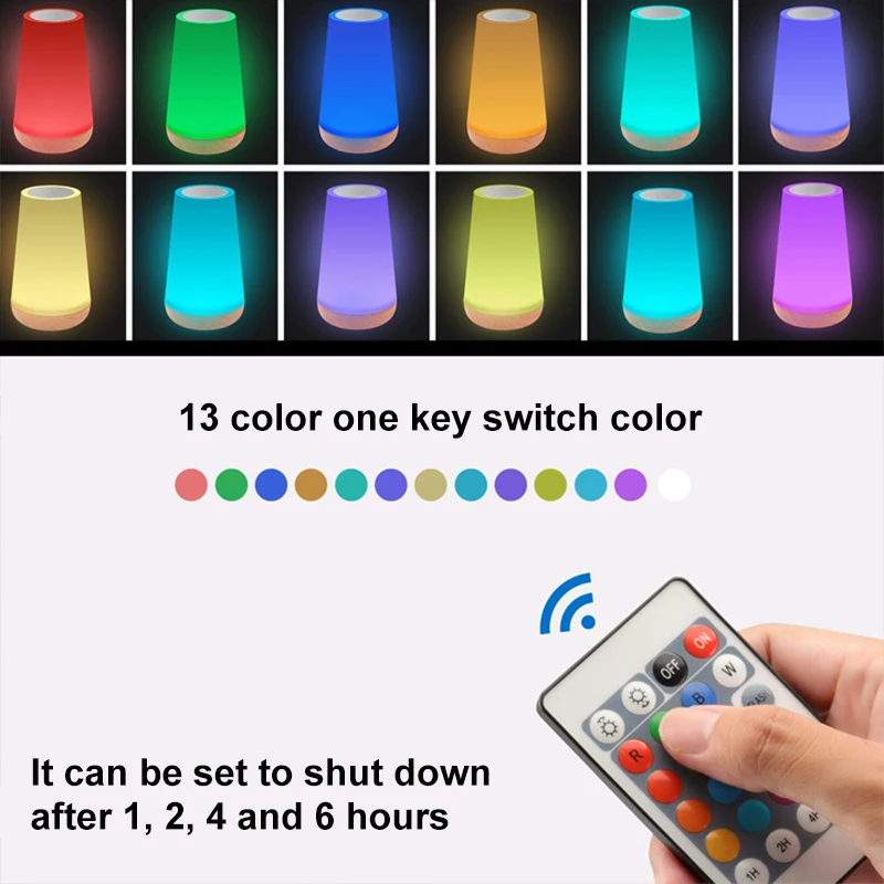 13 Color Changing Night Light RGB Remote Control Touch Dimmable Lamp Portable Table Bedside Lamps USB Rechargeable Night Lamp