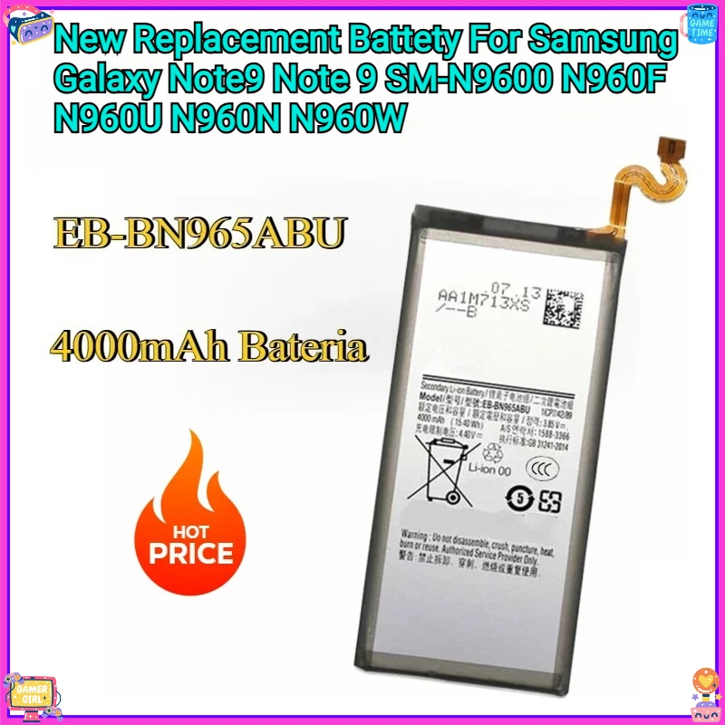 

Новый сменный аккумулятор для Samsung Galaxy Note 9 SM-N9600 N960F N960U N960N N960W 4000 мАч Bateria EB-BN965ABU