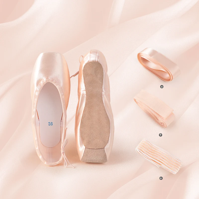 Sepatu Ballet Pointe Profesional dengan Sol Kulit Asli Sepatu Balet Satin Wanita dengan Pita untuk Balerina Profesional