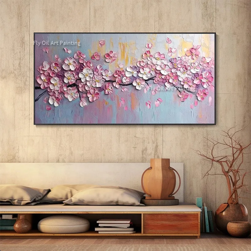 

Large Pink Cherry Flowers Tree Knife Thick Oil Painting Handmade White Florals Tree Landscape Canvas Wall Art For Room Decor