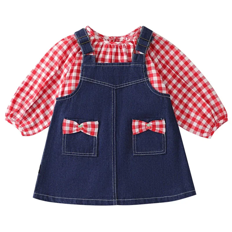 

Spring Autumn Toddler Girl Dresses Korean Fashion Red Plaid Long Sleeve Tops+Denim Princess Dress Boutique Kids Clothing B056