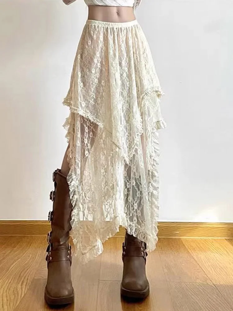 Lace Asymmetrical Skirt Fairycore Women Vintage Y2K Boho Aesthetic Fashion High Waist Mid Skirts Lady Holiday Outfits