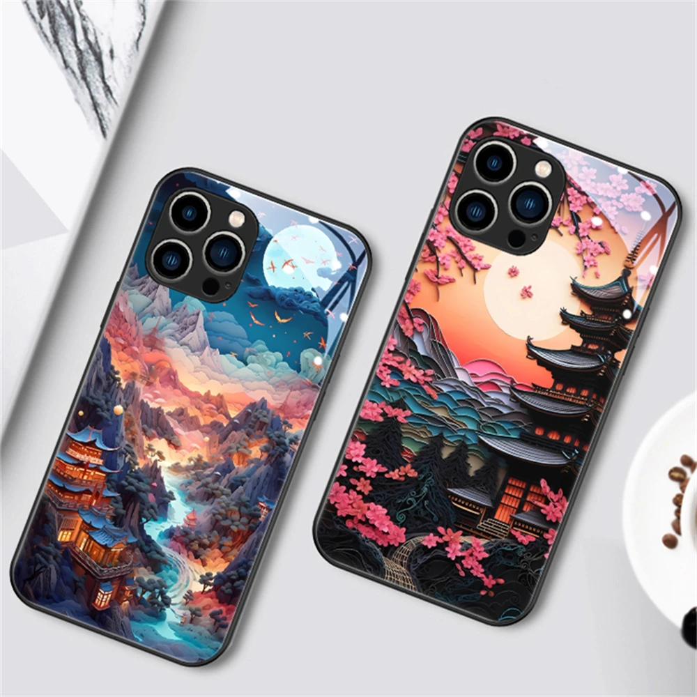 Japanese Temple Cherry Blossom Smart Led Light Music Luminous Cell Phone Case For iPhone 16 15 14 13 12 11 Pro Max XR XS Plus