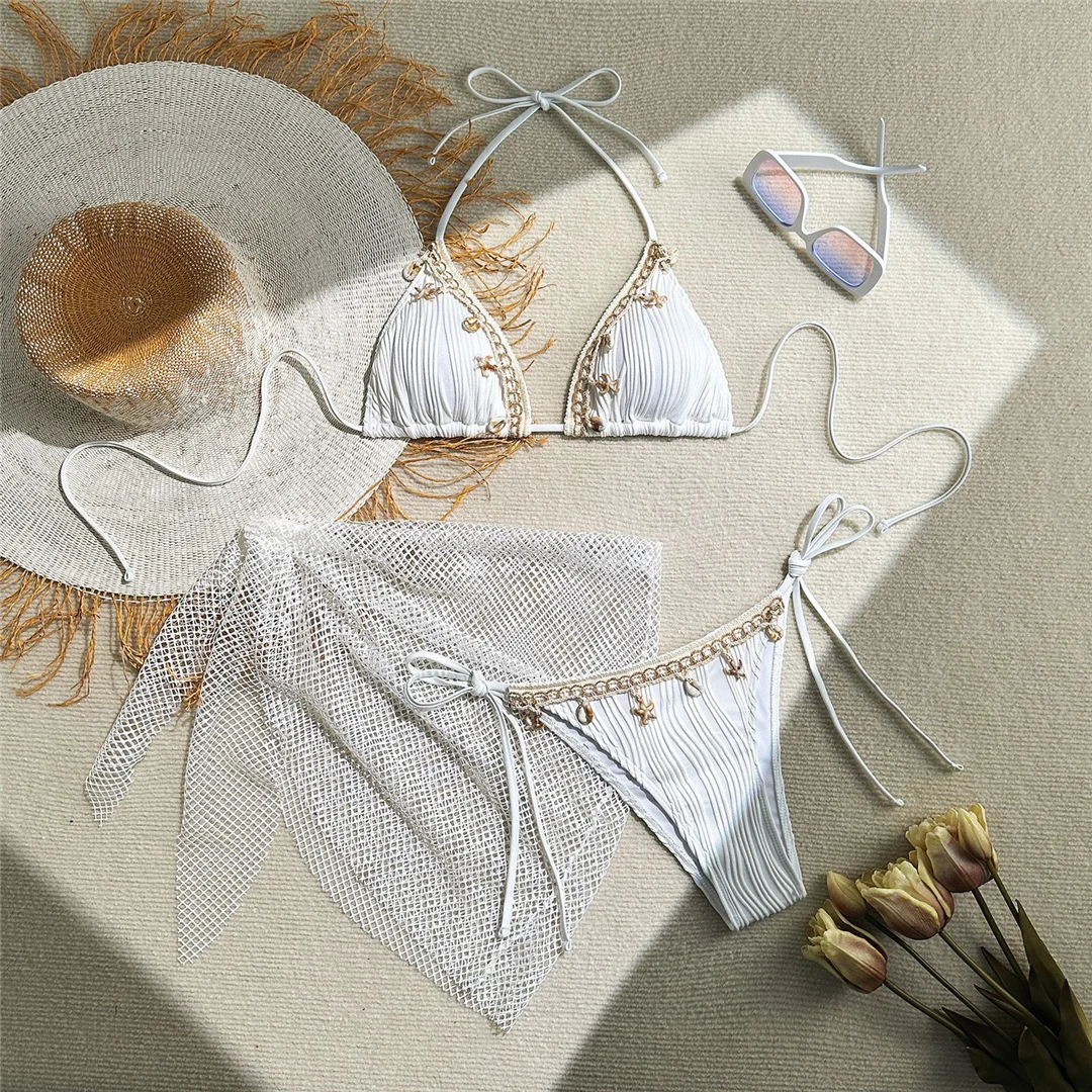 Neu mit Sarong-Oberteil, hoch geschnittenem Bikini, dreiteiligem Bikini-Set, Damen-Badeanzug, Badebekleidung, Badeanzug, Schwimmanzug V6215 – Detail 38