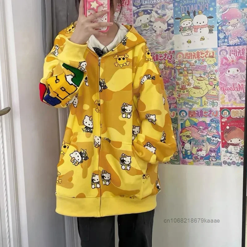 Sanrio Hello Kitty Cute Full Print Yellow Hooded Sweatshirt Women Spring Autumn Fashion Loose Hoodies Japanese Style Kawaii Coat