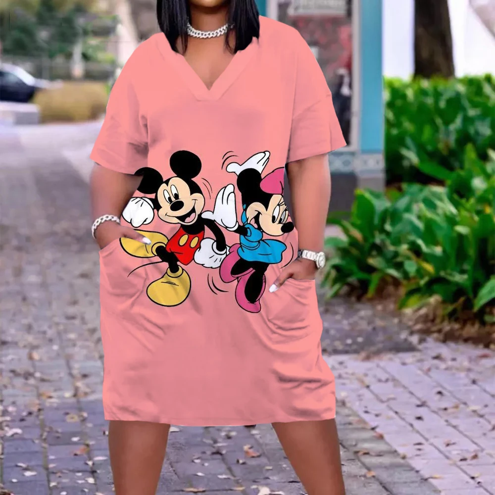 Sexy Girl Midi African Dresses Women Bohemian 3D Evening Dress Female Loose Disney Minnie Mickey Party Dress Street V-Neck Knee