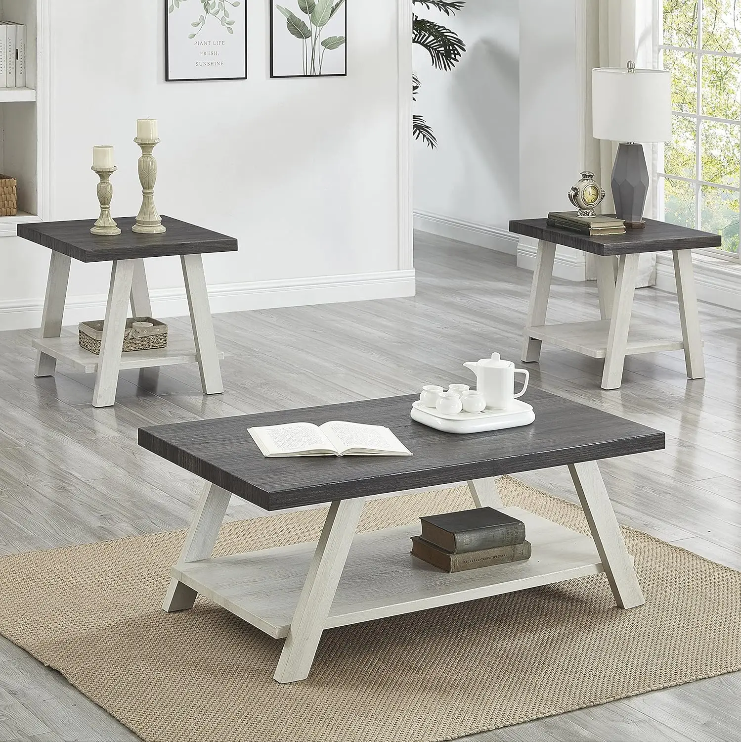 

Contemporary 3-Piece Wood Shelf Coffee Table Set in Weathered Charcoal and Beige, Includes Coffee and End Tables