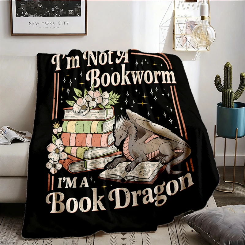 Book Dragon Flannel Blanket, Fantasy Reader Throw, Book Lover Dragon Gift, I'm Not A Bookworm