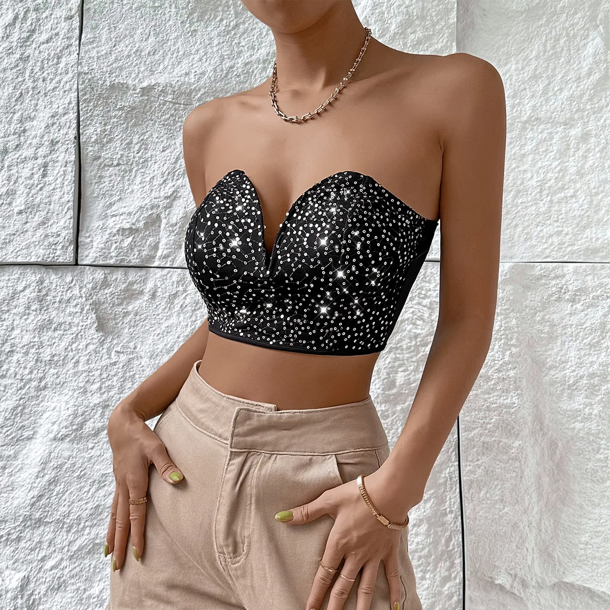 Sequined Deep V Bare Shoulder Corset Crop Tops for Women Fashion Sleeveless Tank Top Summer Bustier Vest Slim Lingerie Camisole