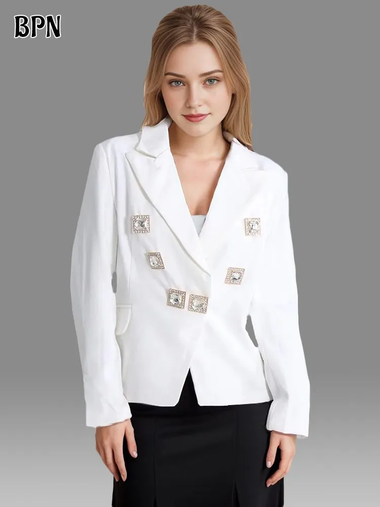 

BPN Temperament Spliced Diamonds Blazer For Women Notched Collar Long Sleeve Slimming Elegant Blazers Female Fashion Clothes New