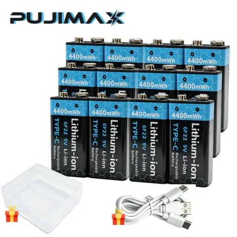 PUJIMAX 4400mWh 1-32Pcs 9V Lithium Ion Rechargeable Battery 6F22 for Guitar Smoke Detector Pedal Multimeter Toys with Cable