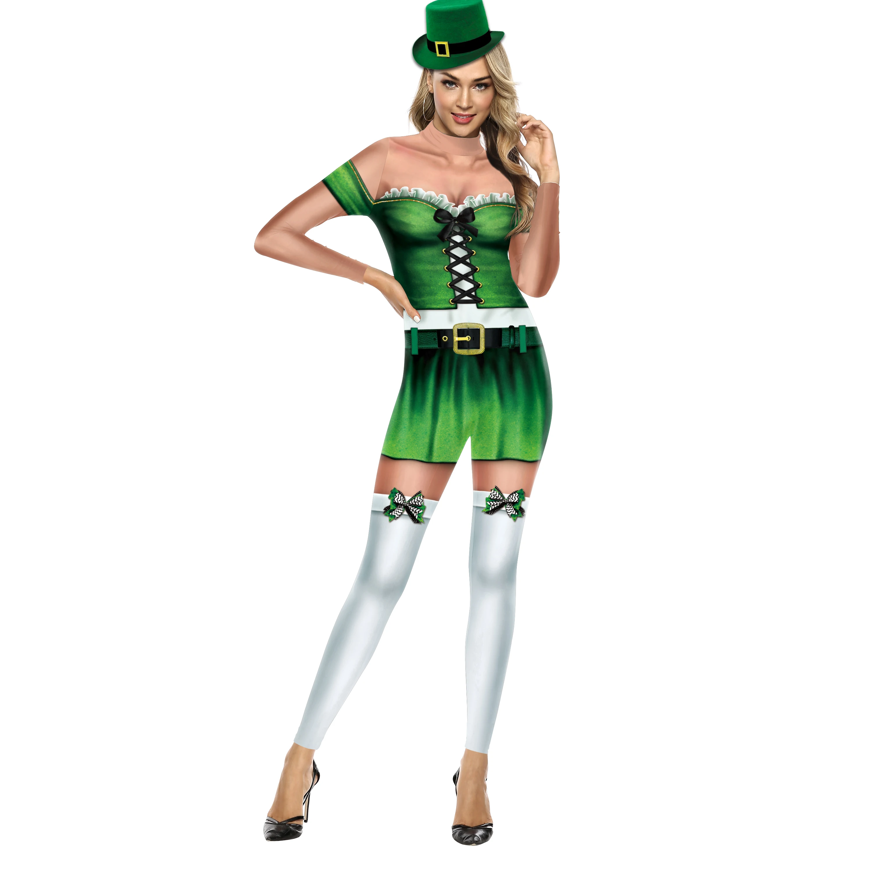 Green Mini Dress Pattern Jumpsuit Long Sleeved Skinny Bodysuit St. Patrick's Day Cosplay Costume Carnival Catsuit Party Zentai