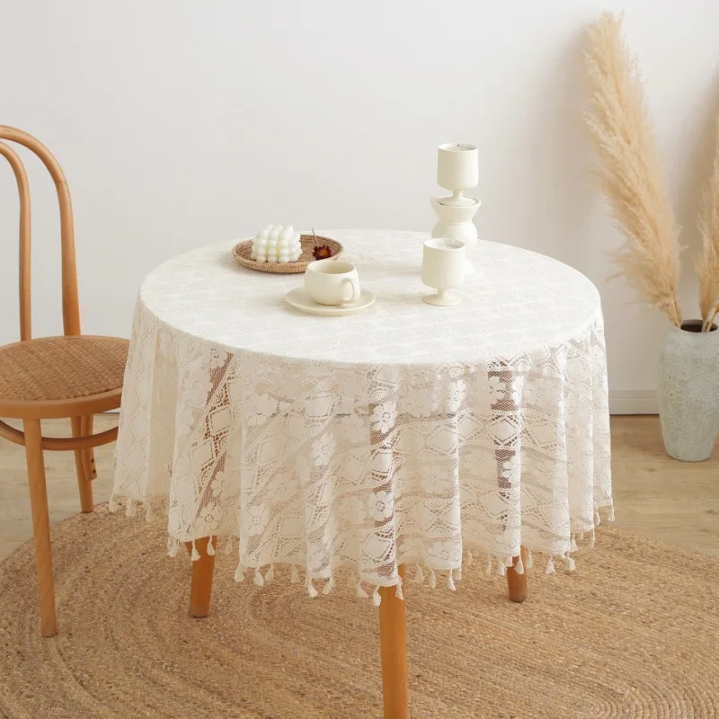 

Table Cloth Round Floral Crochet with Tassel Hollow French Style Tablecloth Beige Romantic Anti-stain for Coffee Table Decor