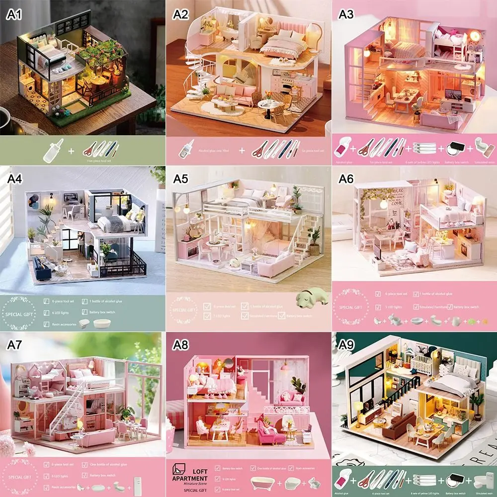 Trendy 3D Doll House Kit Wooden Handmade Assembly Toy Mini Doll House Model Cozy Loft Villa House Building with Furniture